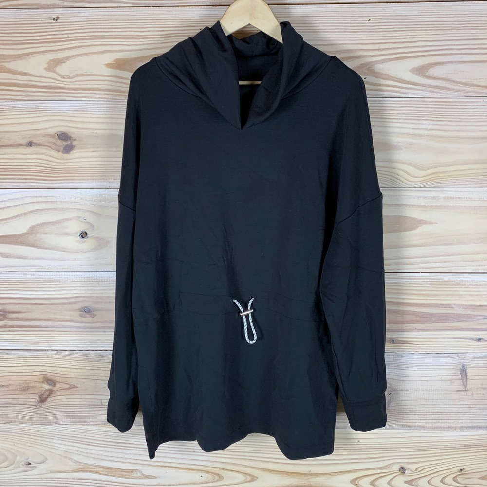 Té Verde Tunic Top Women L Black Cowl Neck Drawstring Long Sleeve Modal